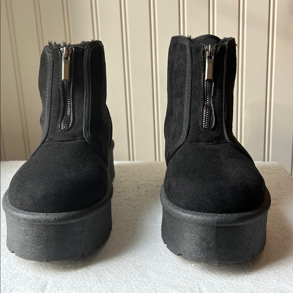 Rouge Helium Platform Black Suede Ankle Boots ZipUp front faux fur lined size 8 - Picture 5 of 17